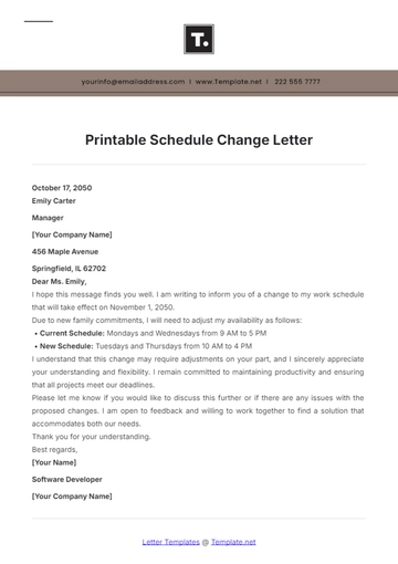Free Printable Schedule Change Letter Template to Edit Online