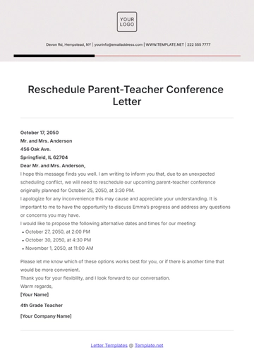 Free Reschedule Parent-Teacher Conference Letter Template to Edit Online