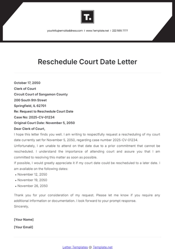 Free Reschedule Court Date Letter Template to Edit Online