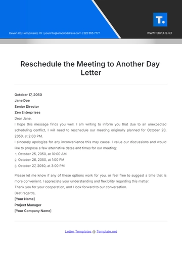 Free Reschedule the Meeting to Another Day Letter Template to Edit Online