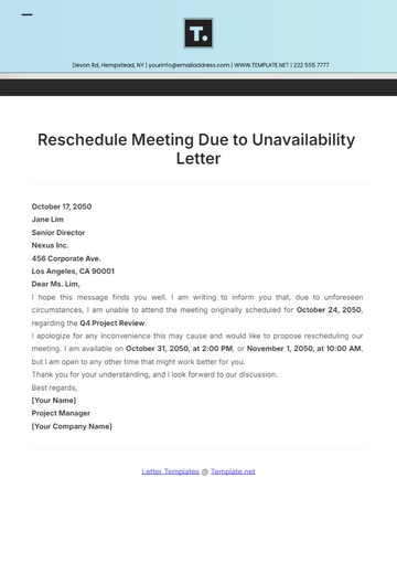 Free Reschedule Meeting Due to Unavailability Letter Template to Edit Online