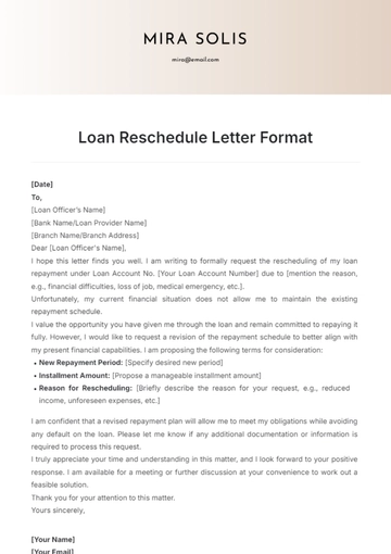 Free Loan Reschedule Letter Format Template to Edit Online