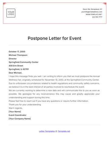 Free Postpone Letter for Event Template to Edit Online