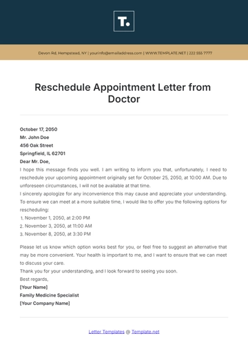 Free Reschedule Appointment Letter from Doctor Template to Edit Online