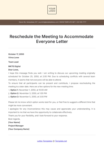 Free Reschedule the Meeting to Accommodate Everyone Letter Template to Edit Online
