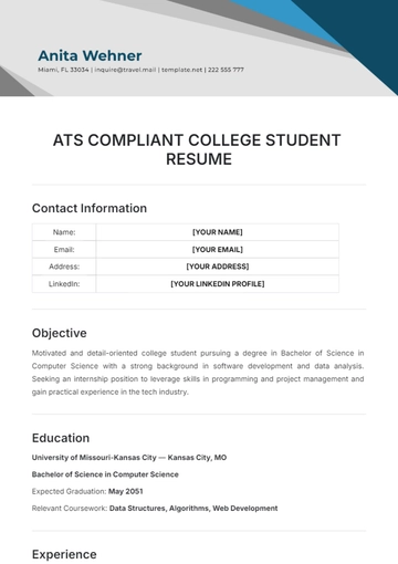 Free ATS Compliant College Student Resume Template to Edit Online