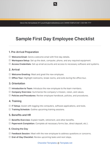 Free Sample First Day Employee Checklist Template to Edit Online