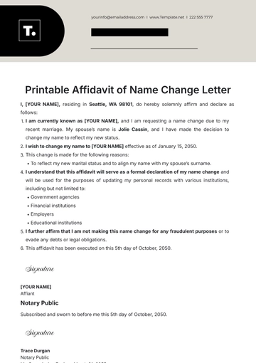 Free Printable Affidavit of Name Change Letter Template to Edit Online