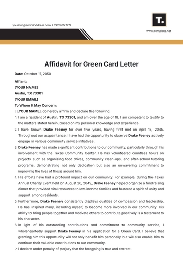 Free Affidavit for Green Card Letter Template to Edit Online