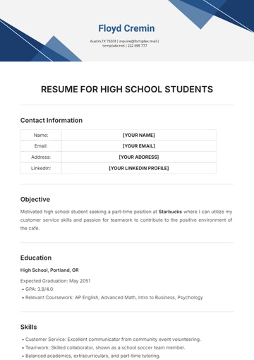 Free Resume Template for High School Students to Edit Online