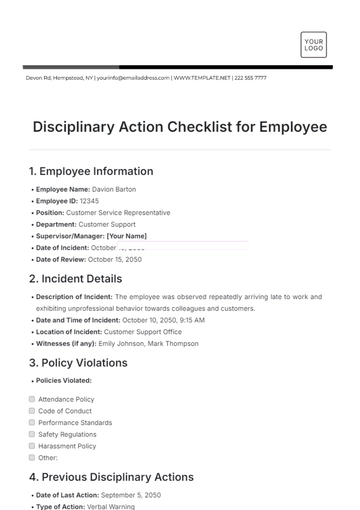 Free Disciplinary Action Checklist for Employee Template to Edit Online
