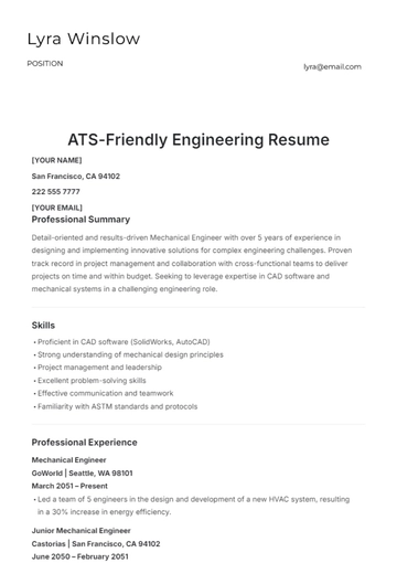 Free ATS-Friendly Engineering Resume Template to Edit Online