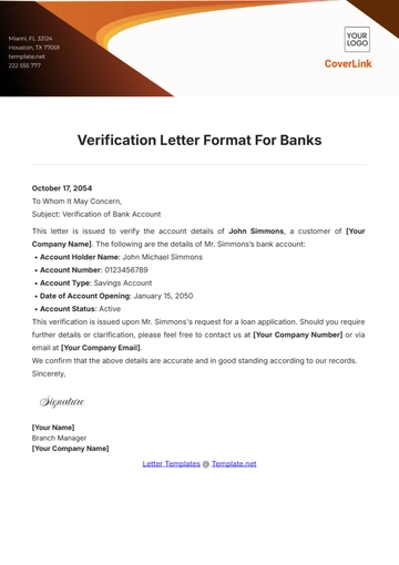 Free Verification Letter Format For Banks Template to Edit Online