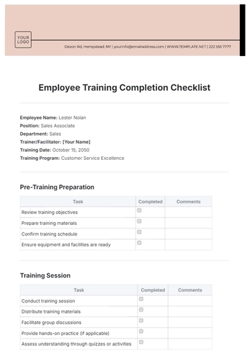 Free Employee Training Completion Checklist Template to Edit Online