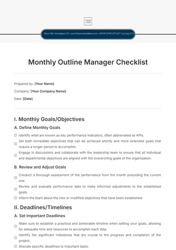 Free Monthly Outline Manager Checklist Template to Edit Online