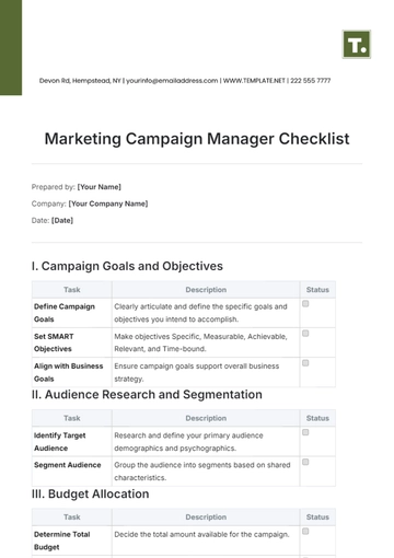 Free Marketing Campaign Manager Checklist Template to Edit Online