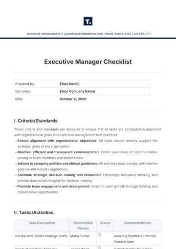 Free Executive Manager Checklist Template to Edit Online