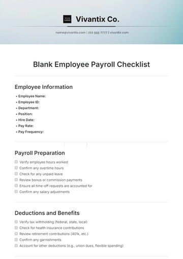 Free Blank Employee Payroll  Checklist Template to Edit Online
