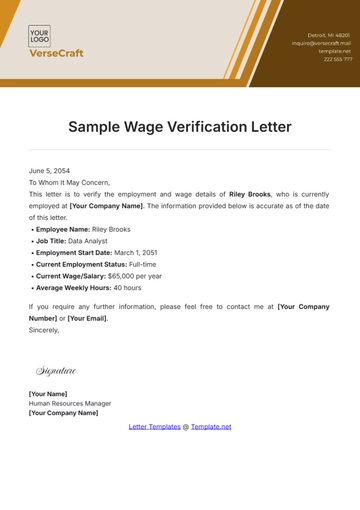 Free Sample Wage Verification Letter Template to Edit Online