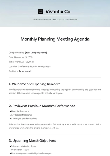 Free Monthly Planning Meeting Agenda Template to Edit Online