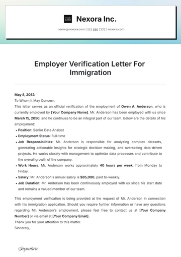 Free Employer Verification Letter For Immigration Template to Edit Online