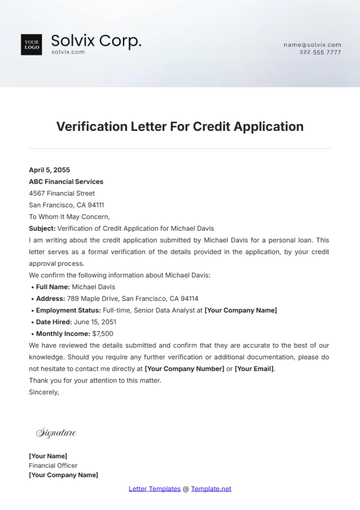 Free Verification Letter For Credit Application Template to Edit Online