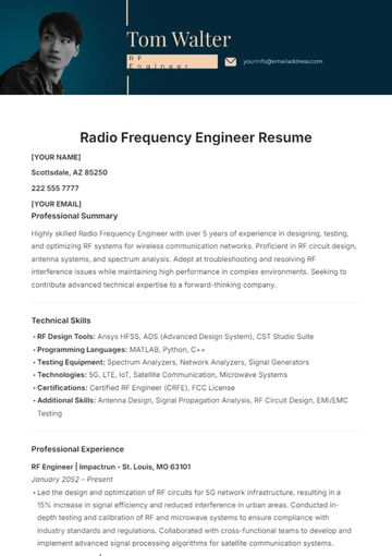 Free Radio Frequency Engineer Resume Template to Edit Online