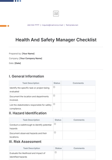Free Health And Safety Manager Checklist Template to Edit Online