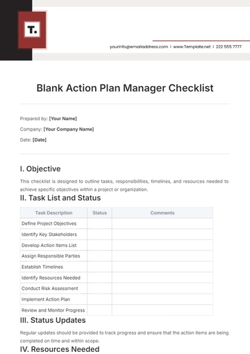 Free Blank Action Plan Manager Checklist Template to Edit Online