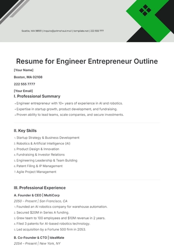 Free Resume for Engineer Entrepreneur Outline Template to Edit Online