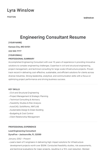 Free Engineering Consultant Resume Template to Edit Online
