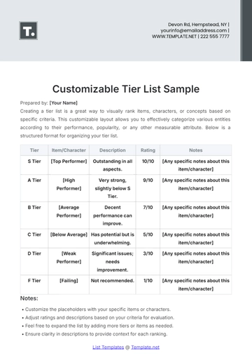 Free Customizable Tier List Sample Template to Edit Online