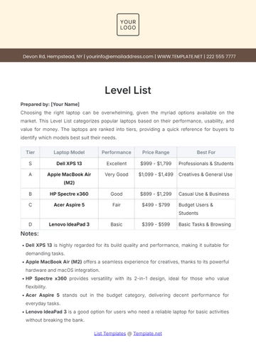 Free Level List Template