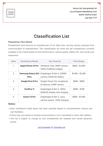 Free Classification List Template to Edit Online