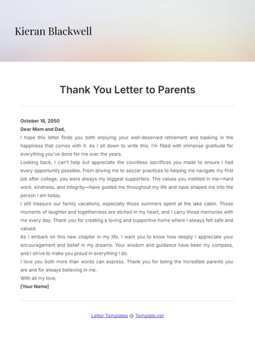 Free Thank You Letter to Parents Template to Edit Online