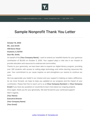 Free Sample Nonprofit Thank You Letter Template to Edit Online