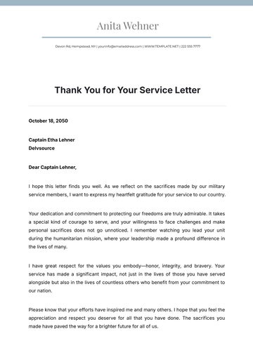 Free Thank You for Your Service Letter Template to Edit Online
