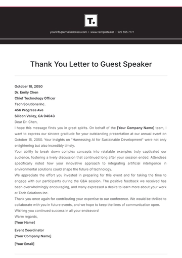 Free Thank You Letter to Guest Speaker Template to Edit Online