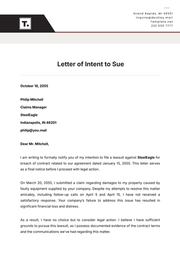 Free Letter of Intent to Sue Template to Edit Online