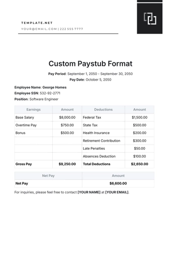 Free Custom Paystub Format Template to Edit Online