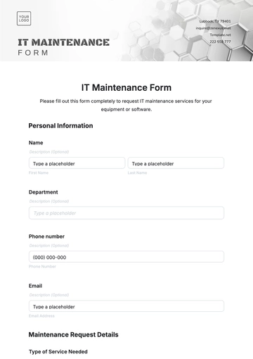 Free IT Maintenance Form Template to Edit Online