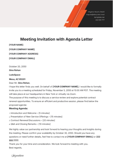 Free Meeting Invitation with Agenda Letter Template to Edit Online