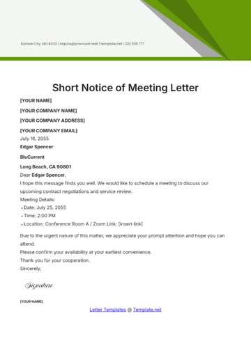 Free Short Notice of Meeting Letter Template to Edit Online