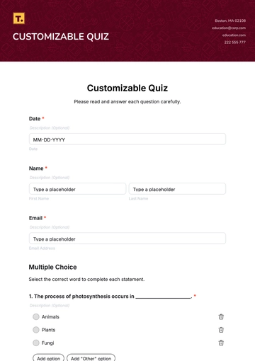 Free Customizable Quiz Template to Edit Online