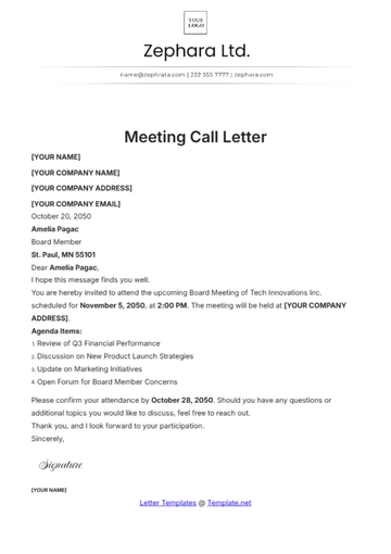 Free Meeting Call Letter Template to Edit Online