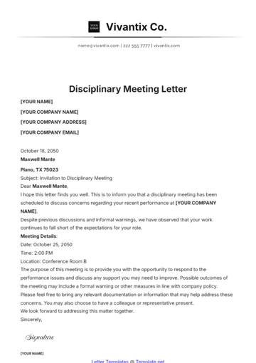 Free Disciplinary Meeting Letter Template to Edit Online