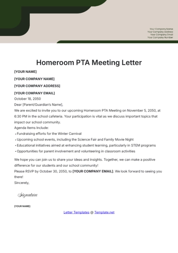 Free Homeroom PTA Meeting Letter Template to Edit Online