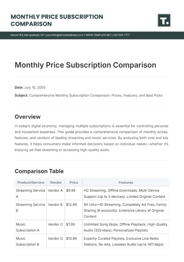 Free Monthly  Price Subscription Comparison Template to Edit Online