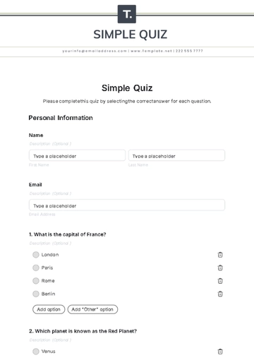 Free Simple Quiz Template to Edit Online