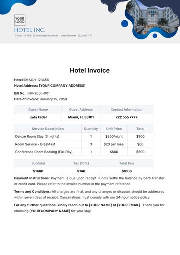 Free Hotel Invoice Template to Edit Online